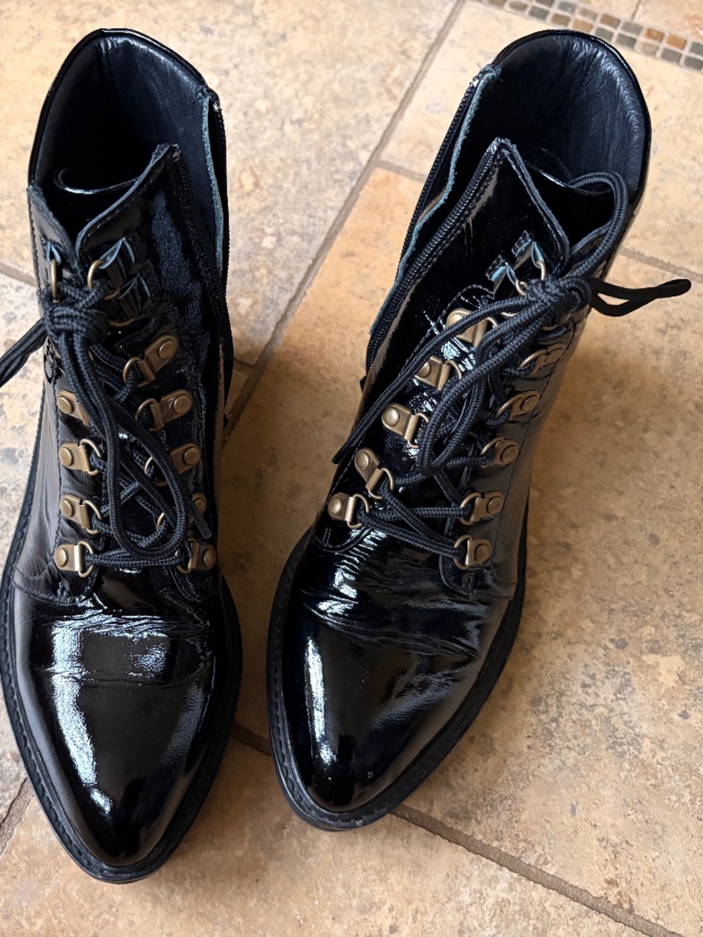 Cecelia New York Black Patent Platform Heeled Wedge Ankle Bootie Boots in size 9